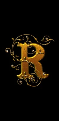 Elegant Golden 'R' with Ornate Flourishes on Black Background