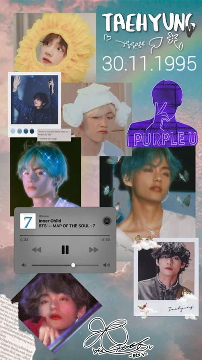 Colagem celebrando Taehyung: Destaques de sua jornada e música