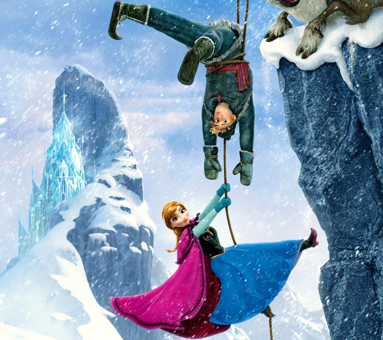 Frozen is a disney animated movie with a character on a swing (anna, cartoon, disney, frozen, snow)