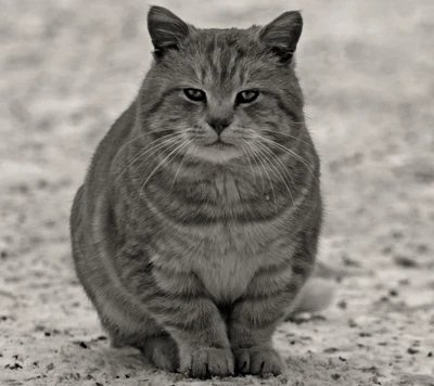 Un chat noir et gris frappant assis calmement dans un paysage enneigé.