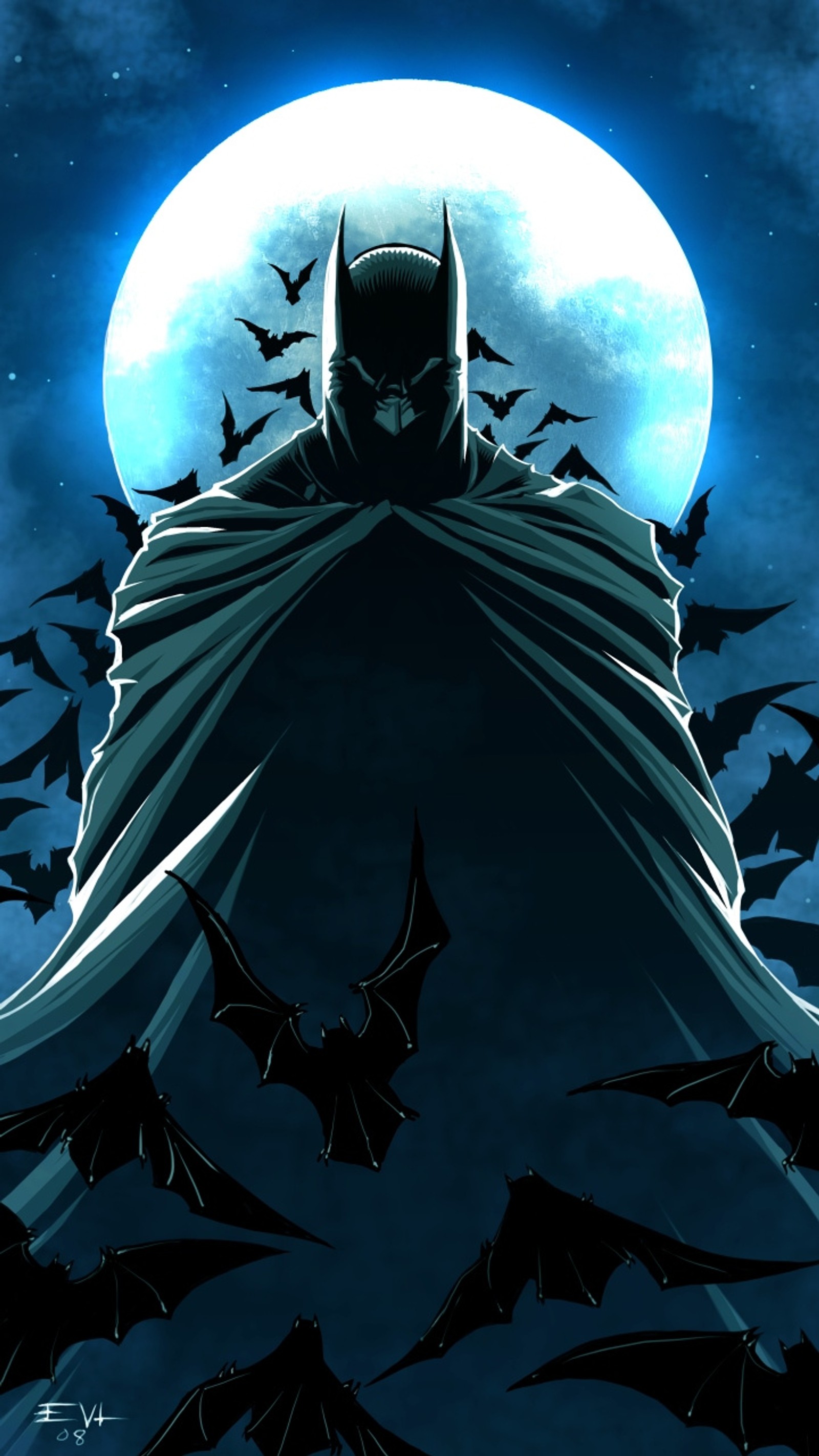 Batman se tenant devant une pleine lune avec des chauves-souris volant autour (batman, images)