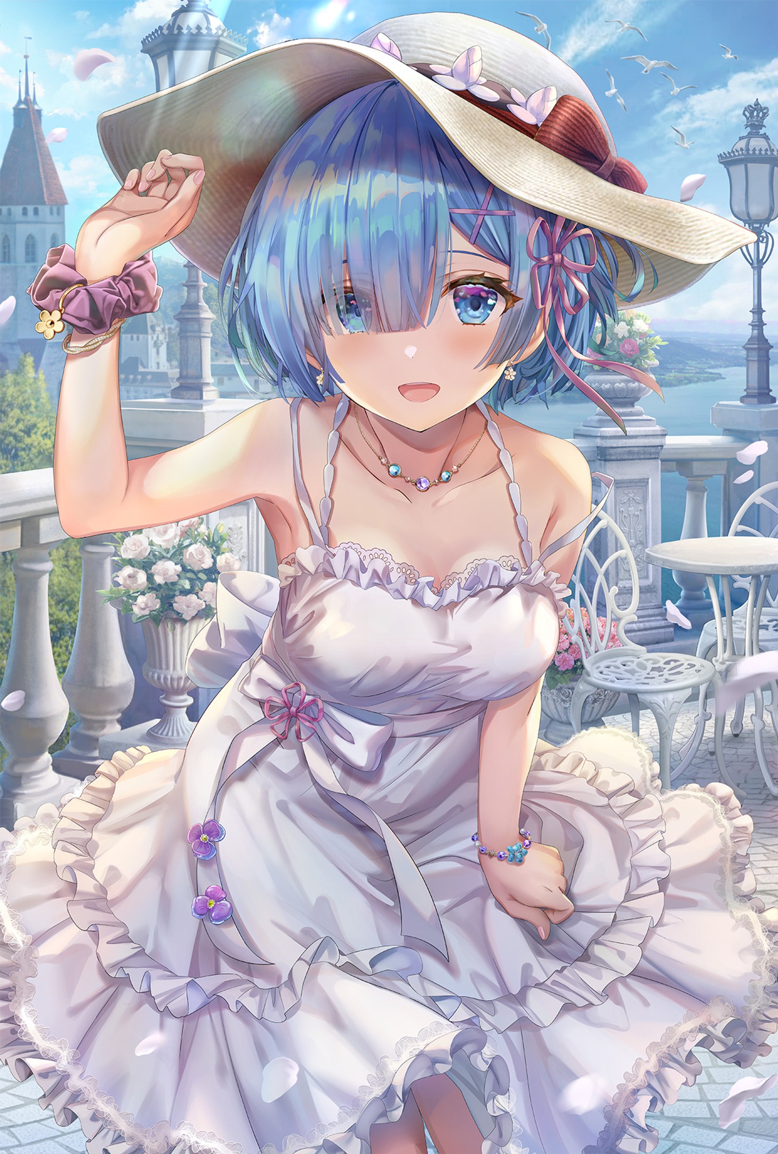 Anime girl in a white dress and hat with a pink flower in her hand (anime, girl)