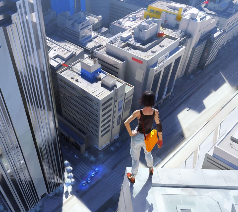 Жирафы на выступе над городом с жёлтой сумкой (действие, граница зеркал, mirrors edge, playstation, xbox)