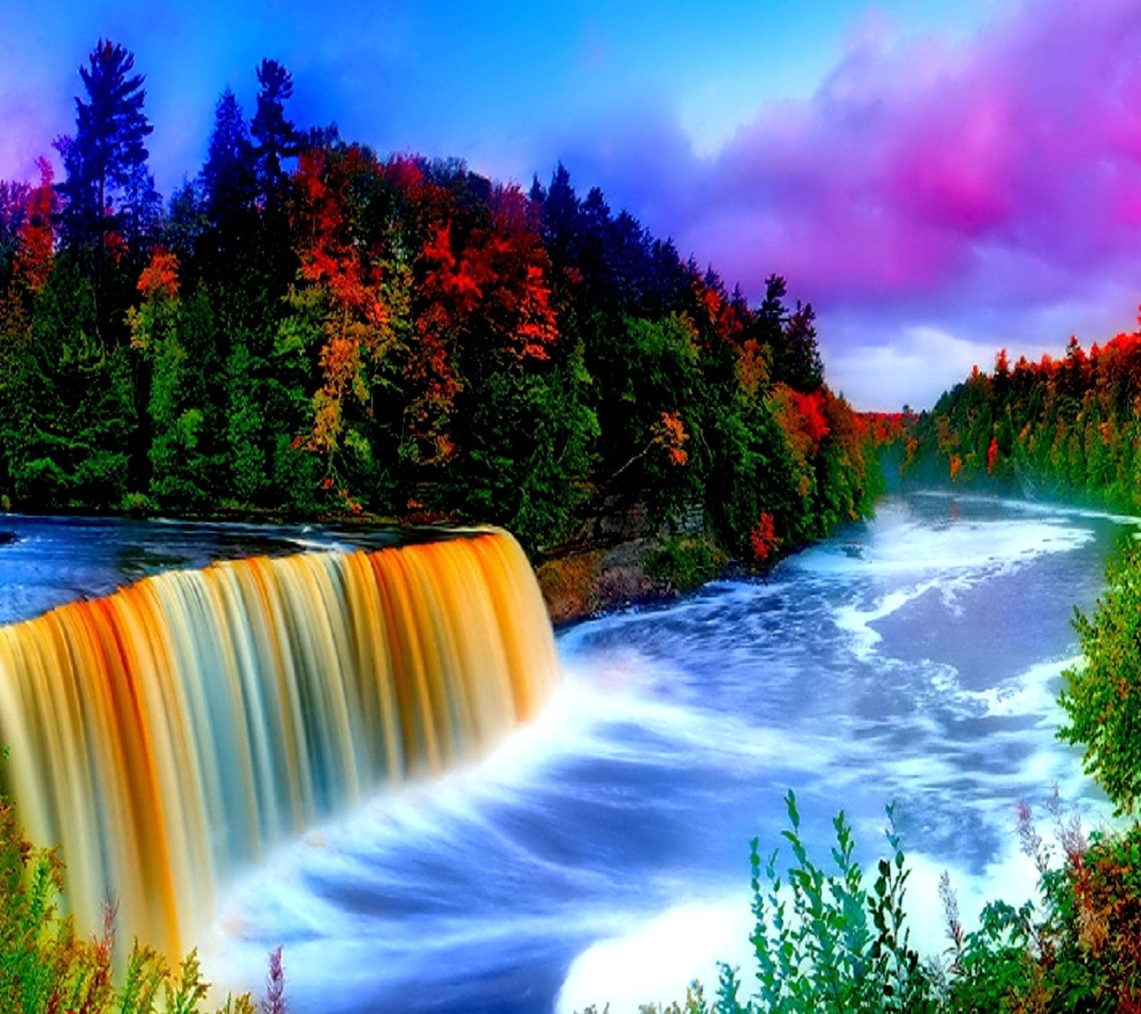 Une vue d'une cascade avec un ciel aux couleurs de l'arc-en-ciel en arrière-plan (beau, nuages, paysage, nature, ciel)