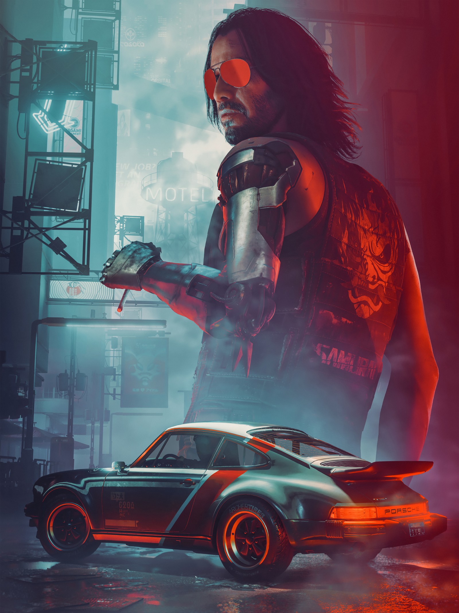 Un primer plano de una persona sosteniendo un arma cerca de un coche (keanu reeves, johnny silverhand, cyberpunk 2077, arte de juegos, arte de fans)