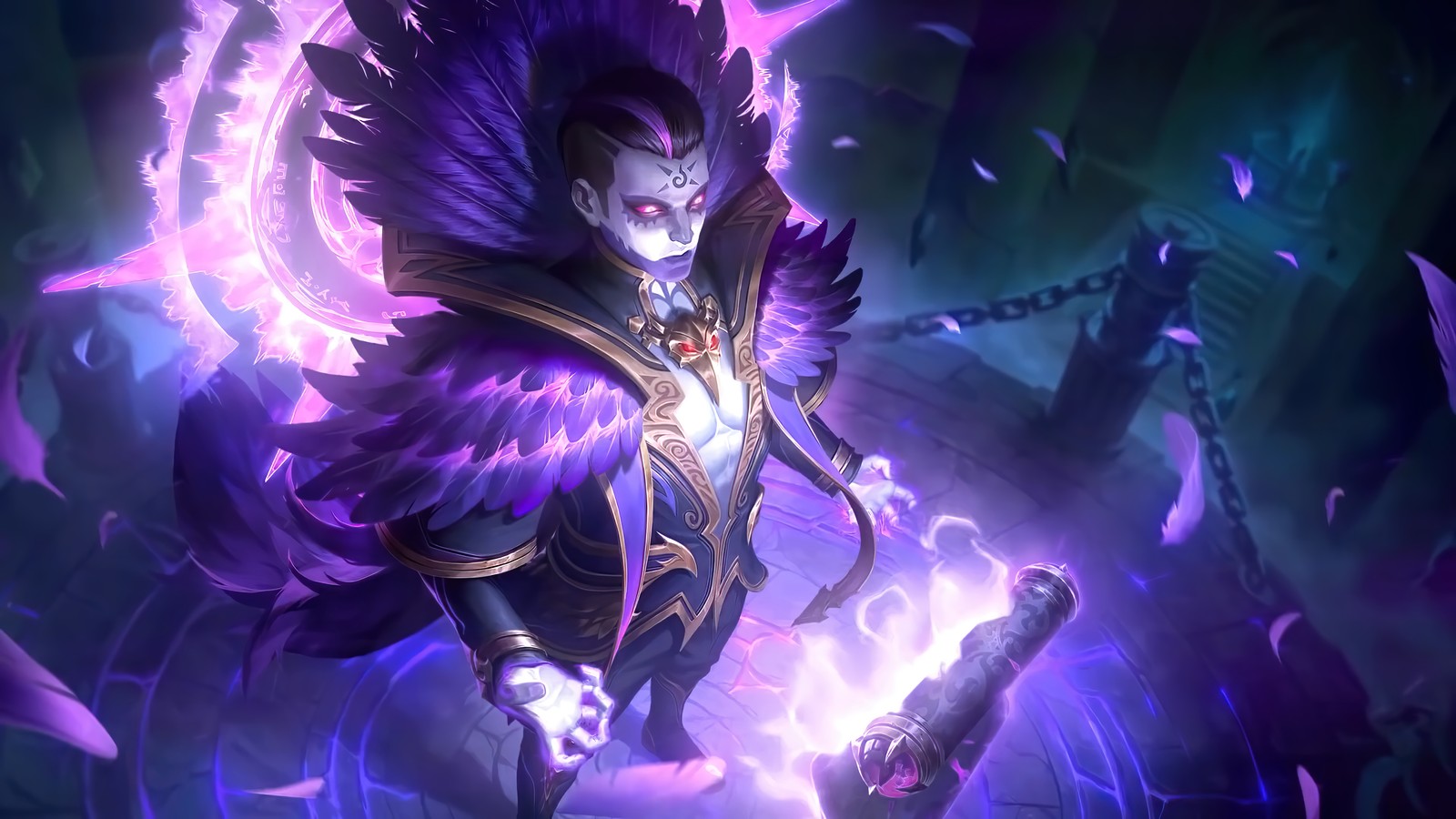 Un primer plano de una persona sosteniendo una espada en una habitación oscura (estes, crow bishop, piel, mobile legends, bang bang)