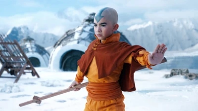 Aang de "Avatar: La Leyenda de Aang" en un paisaje nevado, preparándose para la acción en la adaptación de acción en vivo.