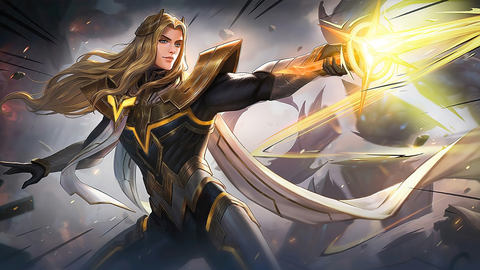 Une femme en tenue noire et dorée tenant une épée lumineuse (lancelot, mobile legends, bang bang, ml, mlbb)