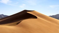 A serene sand dune landscape under a clear blue sky, showcasing smooth, undulating contours and a backdrop of distant mountains.