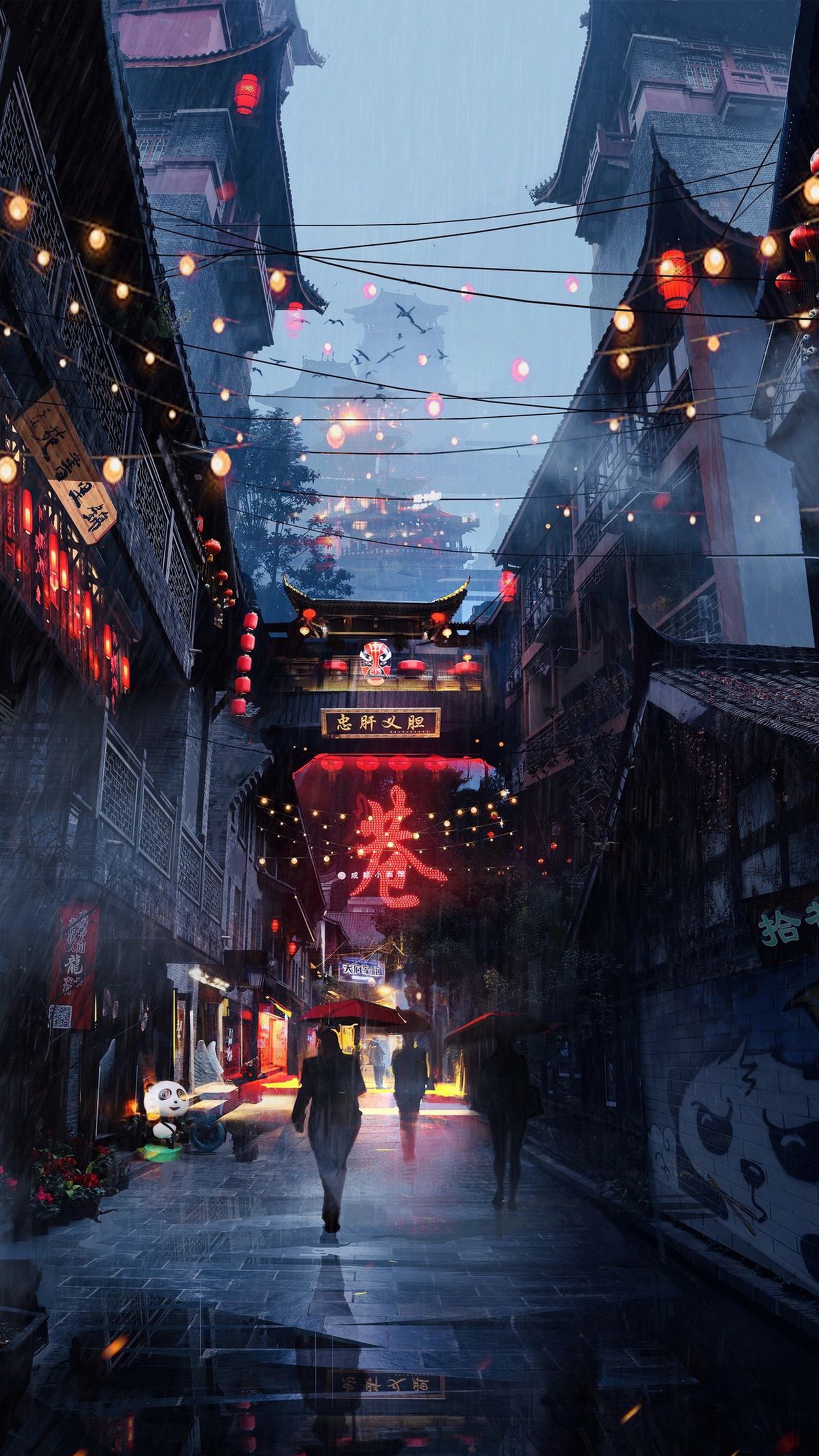 Il y a des gens marchant dans une rue sous la pluie avec des parapluies (anime, esthétique, japon, bâtiment, lumière)