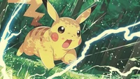 Pikachu unleashes a lightning bolt in a vibrant forest.