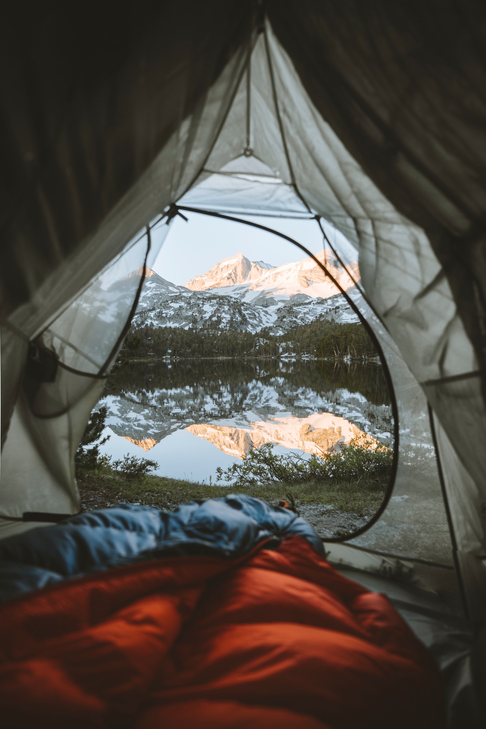 Eine nahaufnahme eines zeltes mit blick auf einen berg (baum, camping, möbel, bett, zelt)