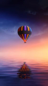 Hot Air Balloon Reflection at Dusk Over Tranquil Waters