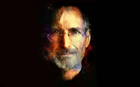 Portrait de Steve Jobs avec un mélange de couleurs et de textures, mettant en valeur sa barbe et ses lunettes sur un fond sombre.