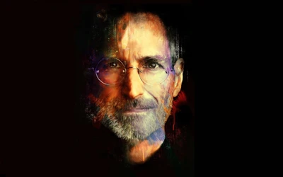 Retrato de Steve Jobs com uma mistura de cores e texturas, destacando sua barba e óculos contra um fundo escuro.