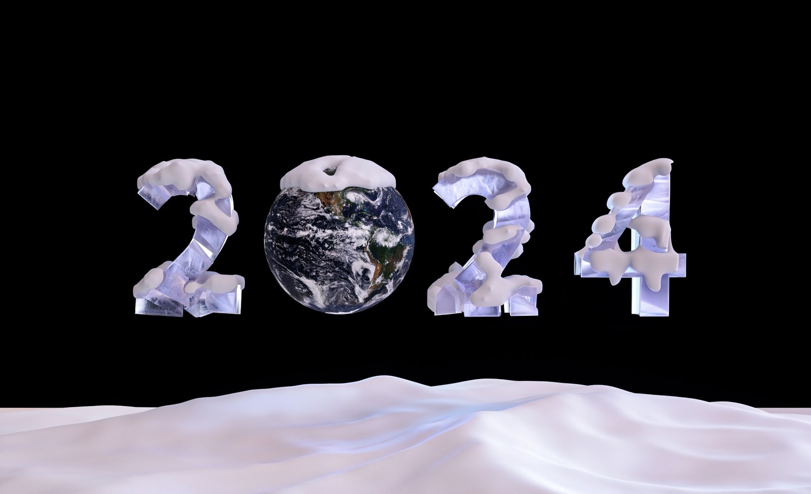 A close up of a snow covered earth with the numbers 2012 (2024 new year, 5k, snow covered, earth, typography)