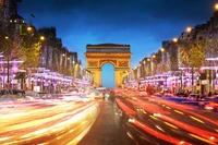 arc de triomphe, landmark, night, urban area, city