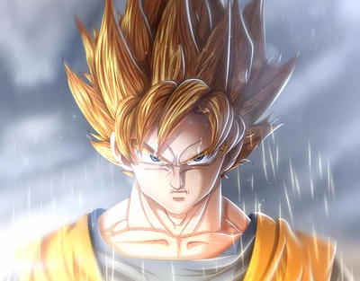 Goku em forma de Super Saiyajin em meio a uma tempestade