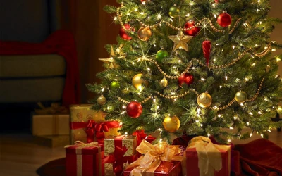 Festively Adorned Christmas Tree Surrounded by Gifts