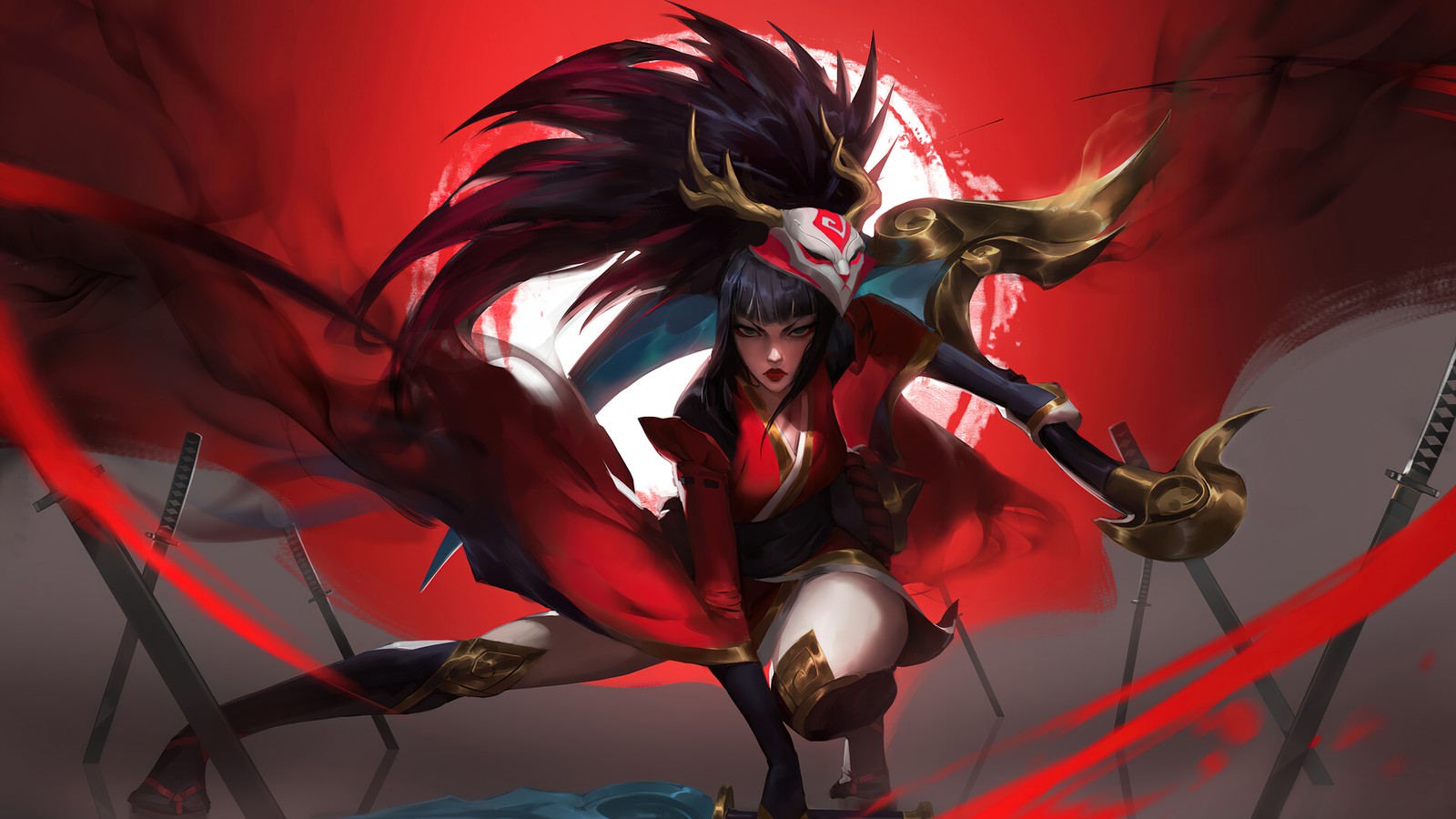 Eine frau in einem schwarzen outfit mit einem roten umhang, die ein schwert hält (akali, league of legends, lol, videospiel, kunst)