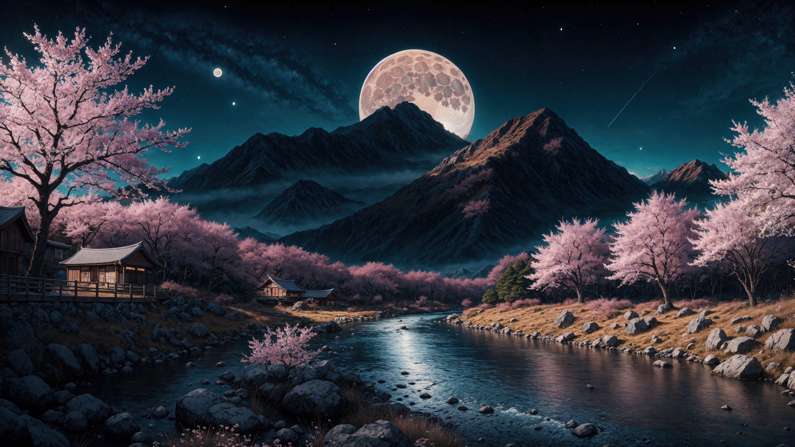 cherry blossom, river, mountain, moon, night wallpaper