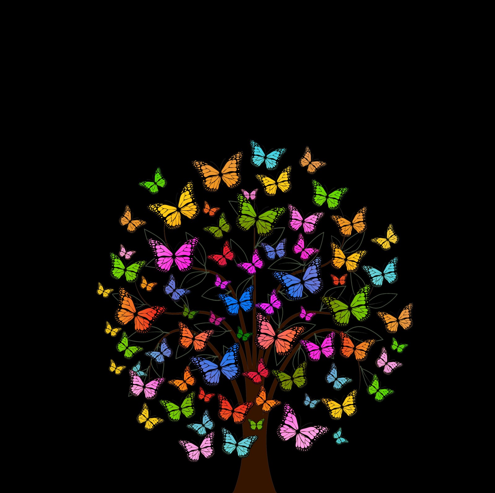 A tree with a lot of butterflies on it in the dark (graphic design, fractal art, design, symmetry, illustration)