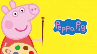 Peppa Pig com uma paleta de pintura em um fundo amarelo brilhante