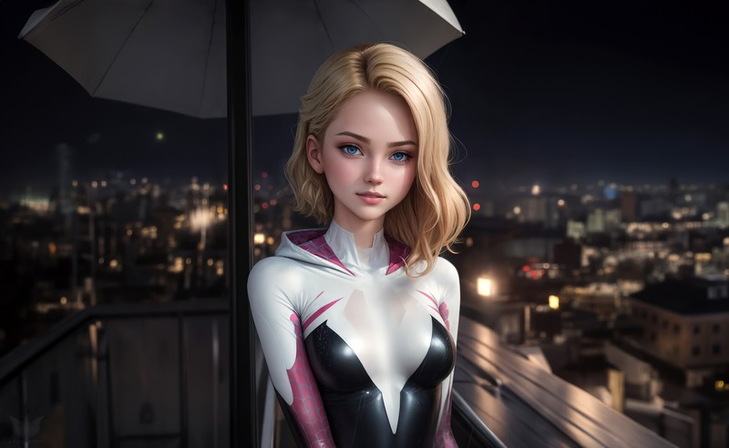 Близкий план женщины в черно-белом костюме с зонтом (гвен паук, spider gwen, midjourney, искусство ии, ai art)