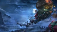 Le Père Noël volant avec des rennes dans un ciel nocturne, livrant des cadeaux de Noël