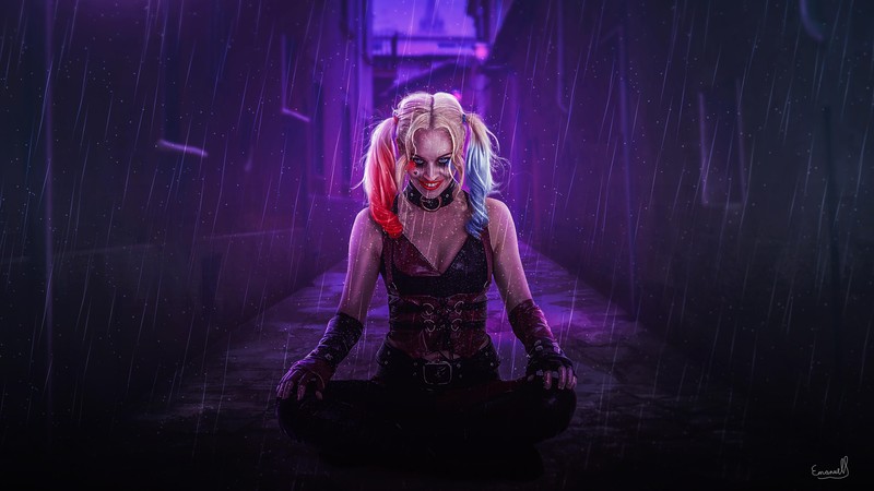 Крупный план человека, сидящего в темной комнате с фиолетовым светом (harley quinn, dc comics, комиксы, девочки)