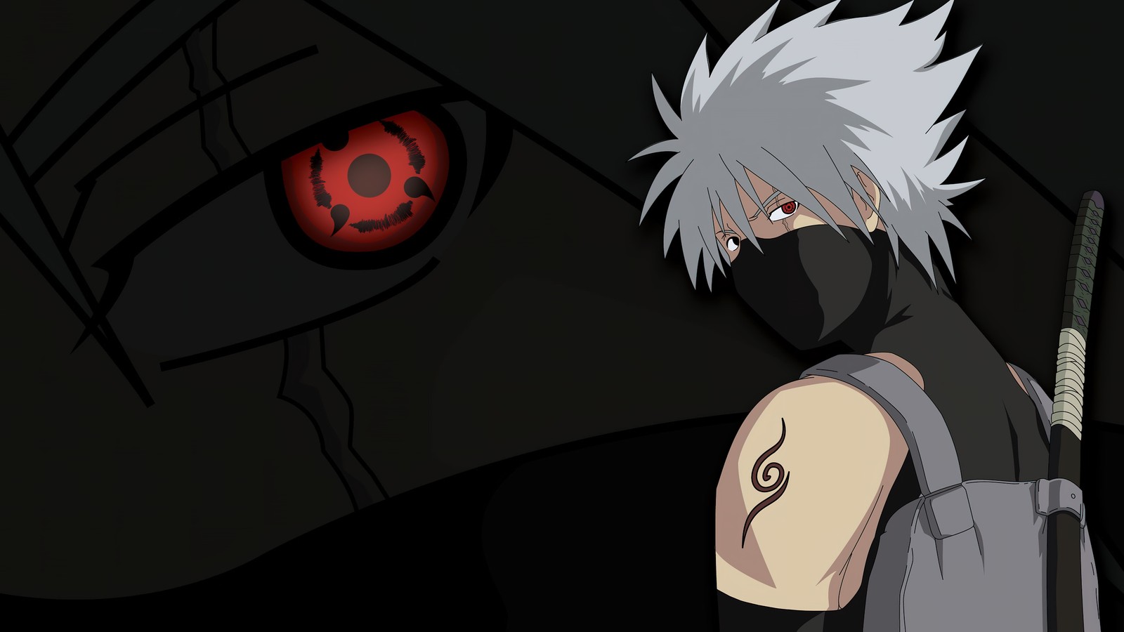 Um close-up de uma pessoa com uma espada e um olho vermelho (kakashi hatake, estética sombria, sharingan, 5k, naruto)