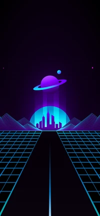 Futuristic Cityscape with Vibrant Purple Planet and Grid Perspective