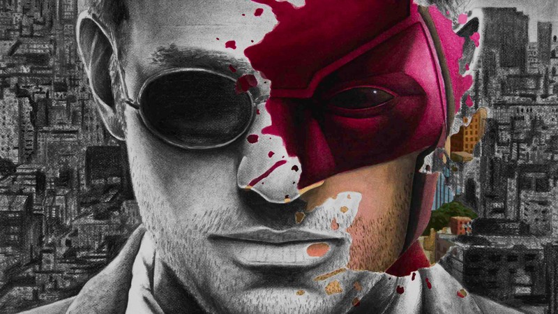 Крупный план человека с красной маской и красной маской на нем (сорвиголова, daredevil, картина, искусство, уличное искусство)