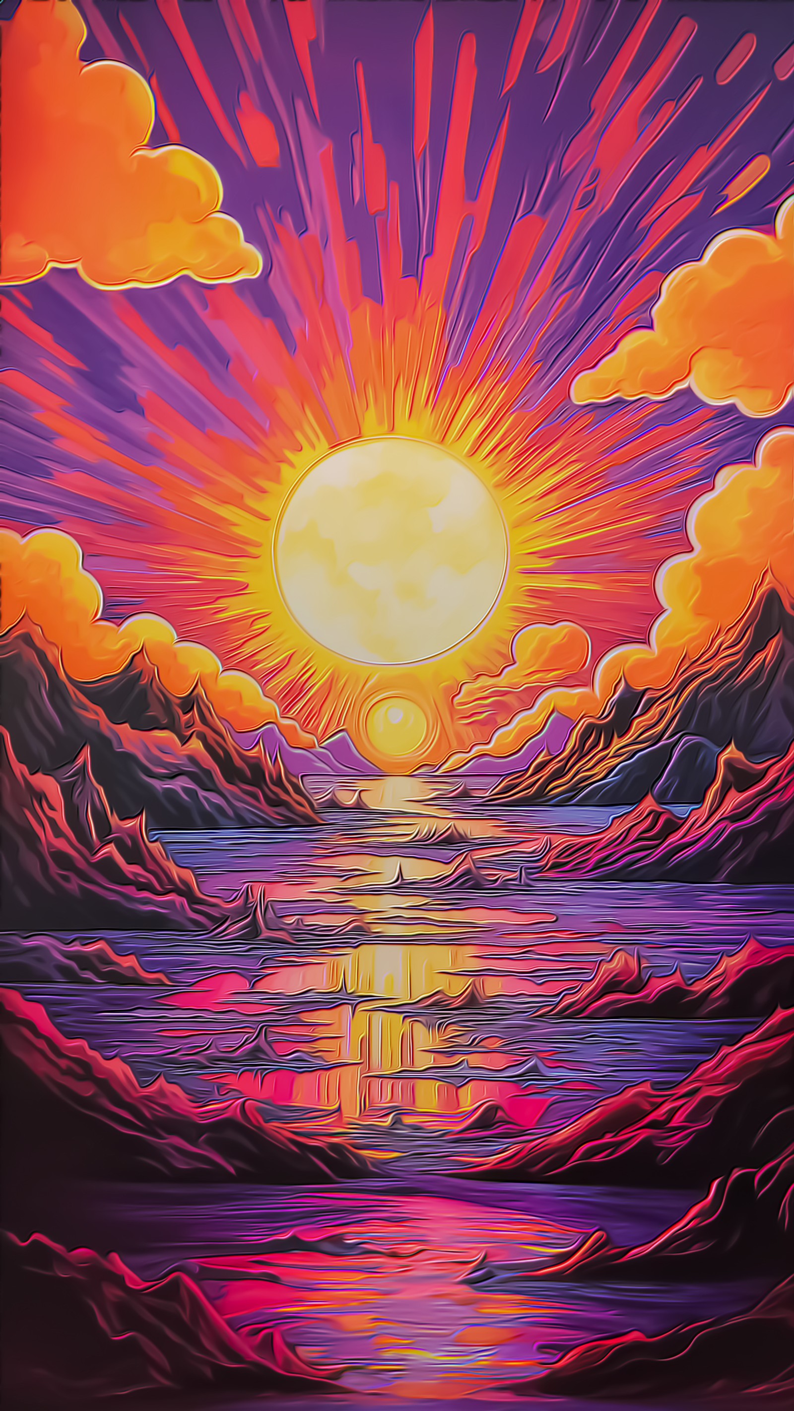 Pintura de um pôr do sol sobre um corpo d'água com uma montanha ao fundo (pintura, desenho, design gráfico, artes visuais, água)