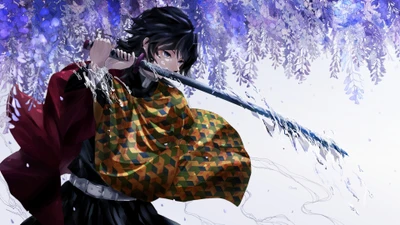 Giyu Tomioka wielding his katana under a cascade of purple wisteria, embodying strength and determination from "Demon Slayer: Kimetsu no Yaiba.