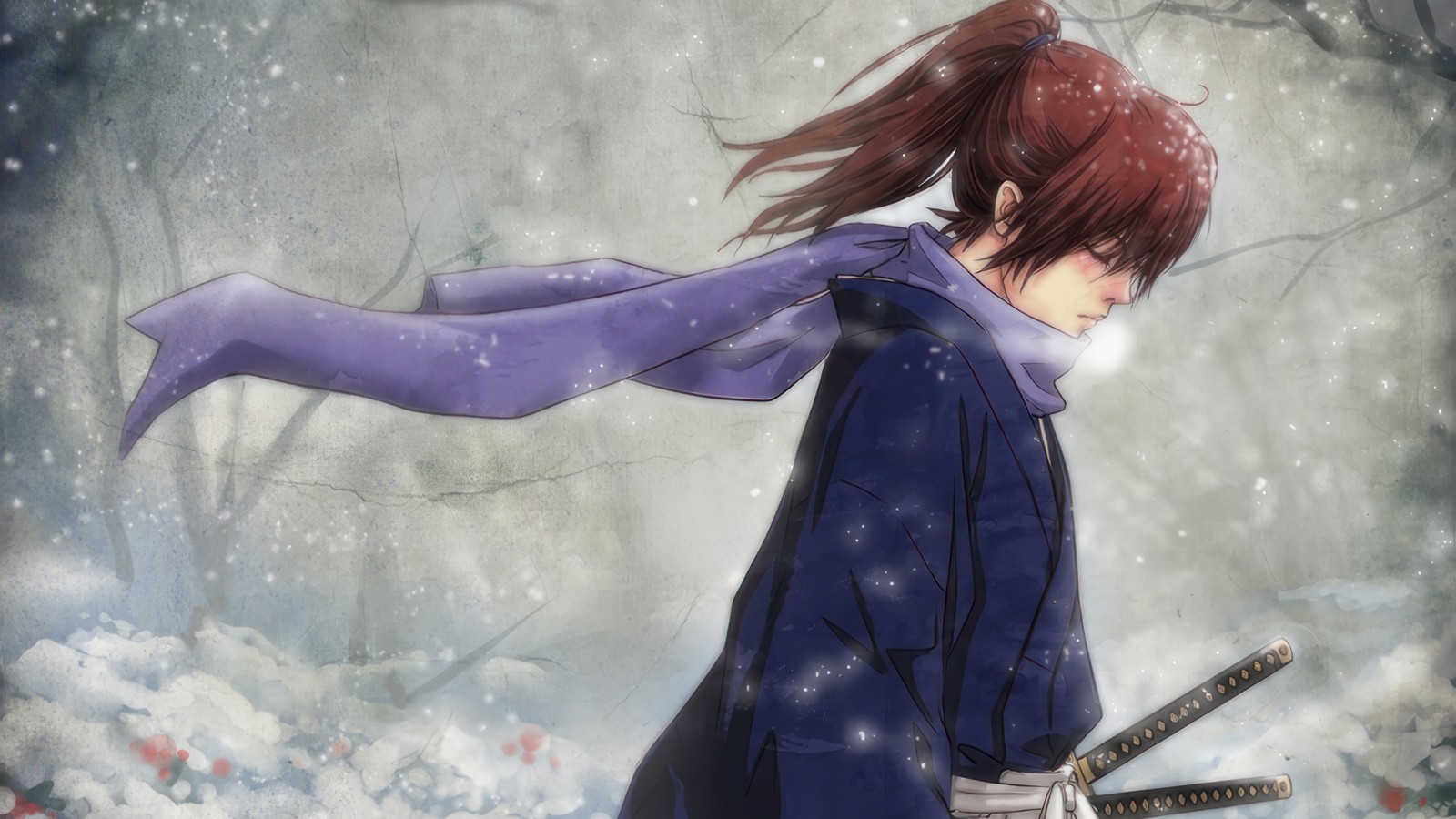 Anime, una chica con una espada en la nieve (rurouni kenshin, meiji kenkaku romantan, anime, samurai x, kenshin himura)