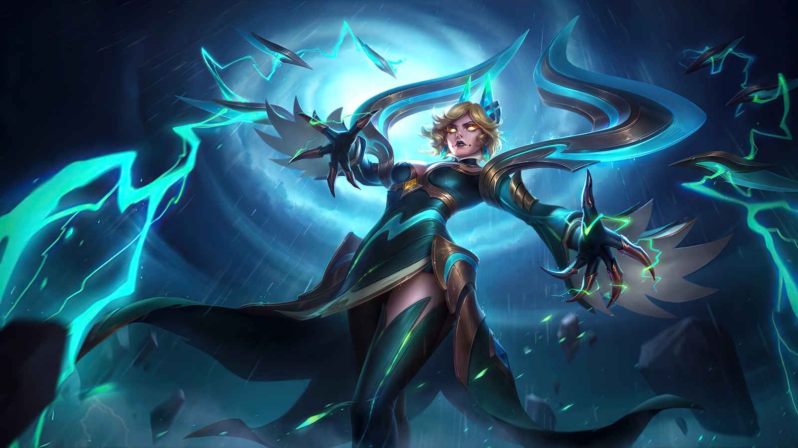 Une femme en tenue noire tenant une épée et une lumière verte (eudora, emerald enchantress, mobile legends, bang bang, mlbb)