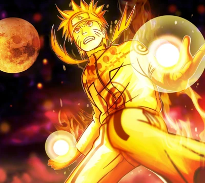 Naruto Kyuubi-Transformation mit Energieorbs unter einem Vollmond