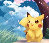 Pikachu sous des cerisiers en fleurs