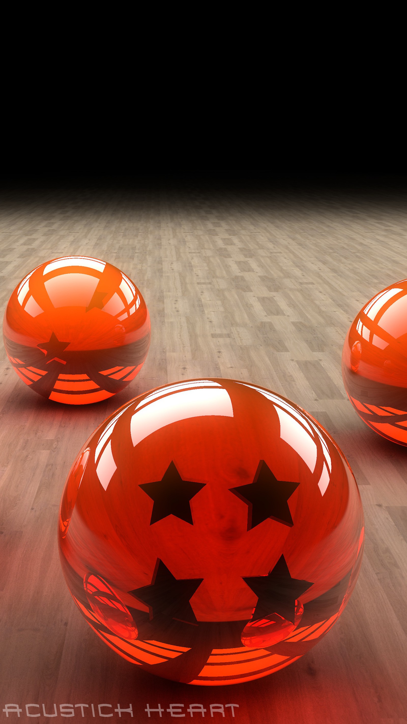 Three red glass spheres with stars on them on a wooden floor (3d, anime, ball, balls, crystals)