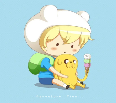 Chibi Finn et Jake partageant le délice de la glace