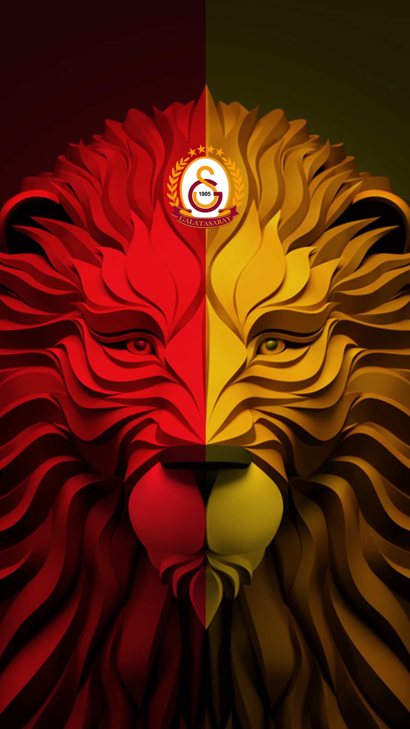 Un primer plano de la cabeza de un león con un rostro rojo y amarillo (galatasaray, gs)