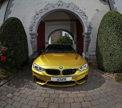 Atemberaubender goldener BMW unter einem eleganten Torbogen