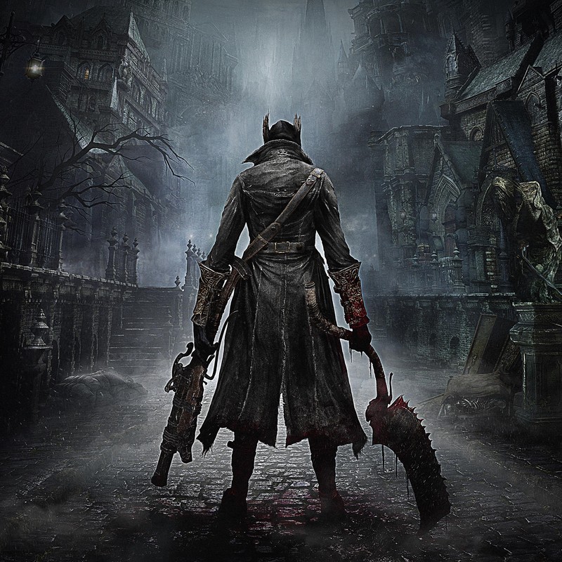 Картинка человека в плаще с ножом и окровавленным ножом (bloodborne, playstation, ps4, sony)