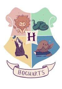 Cute illustrated Hogwarts crest featuring adorable animal representations of the four houses: Gryffindor, Slytherin, Hufflepuff, and Ravenclaw.