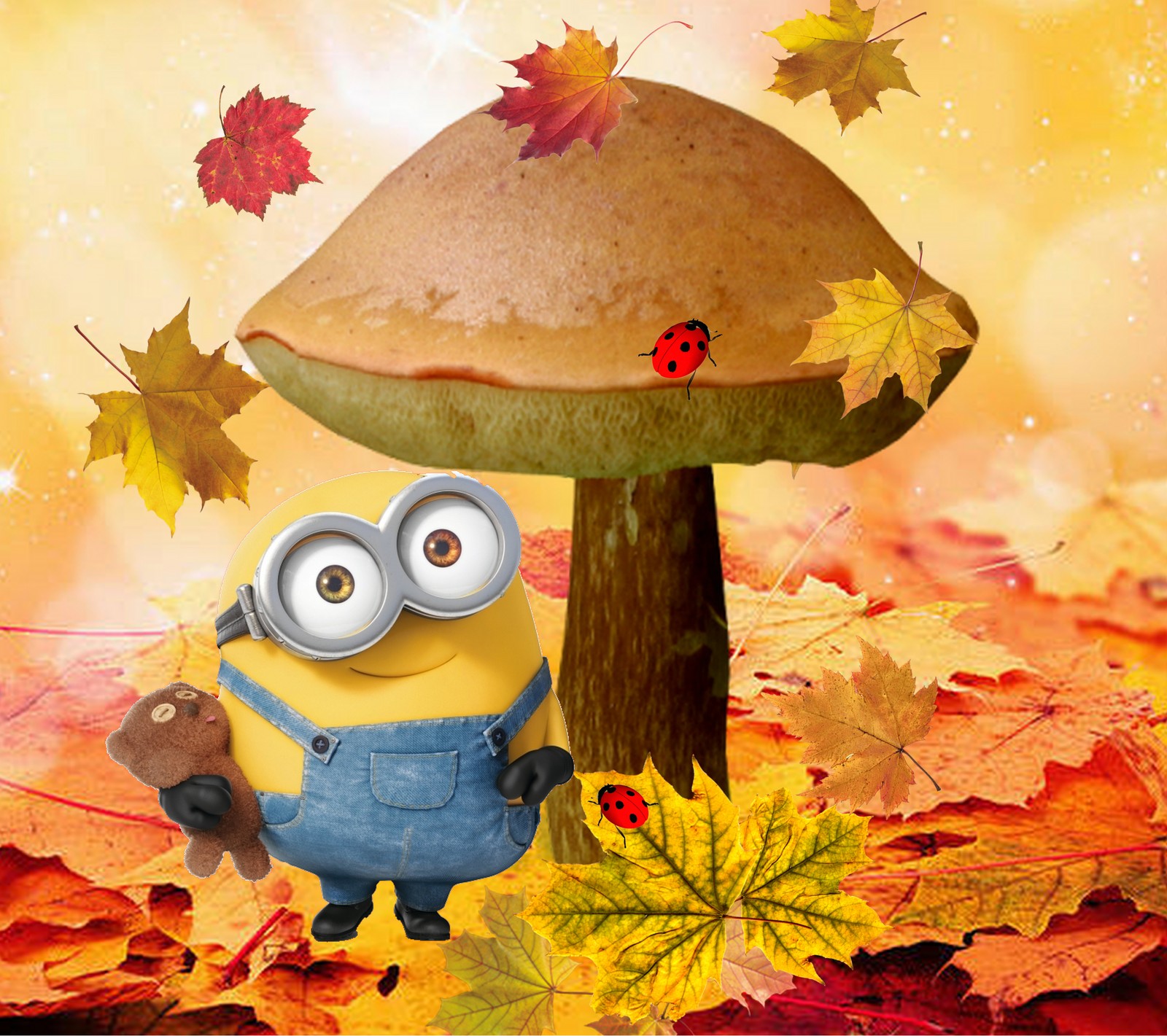 A close up of a minion standing in front of a mushroom (autumn, cartoons, happy, minions)