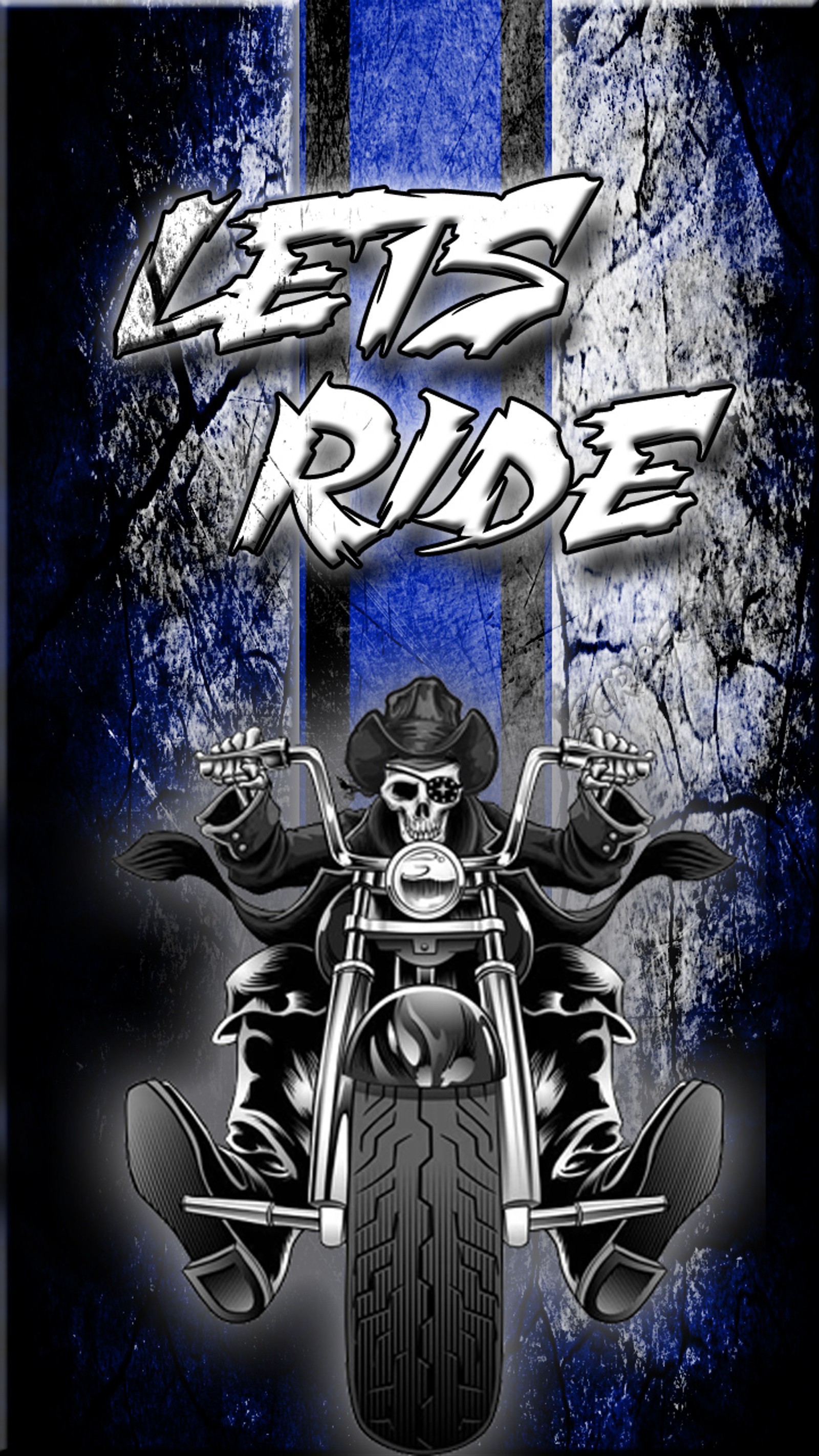 Il y a une affiche d'un squelette chevauchant une moto avec une bande bleue (motard, davidson, gothique, grunge, harley)