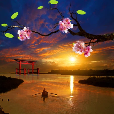 hermoso atardecer, barco de pesca, japonés, árbol de sakura, mar