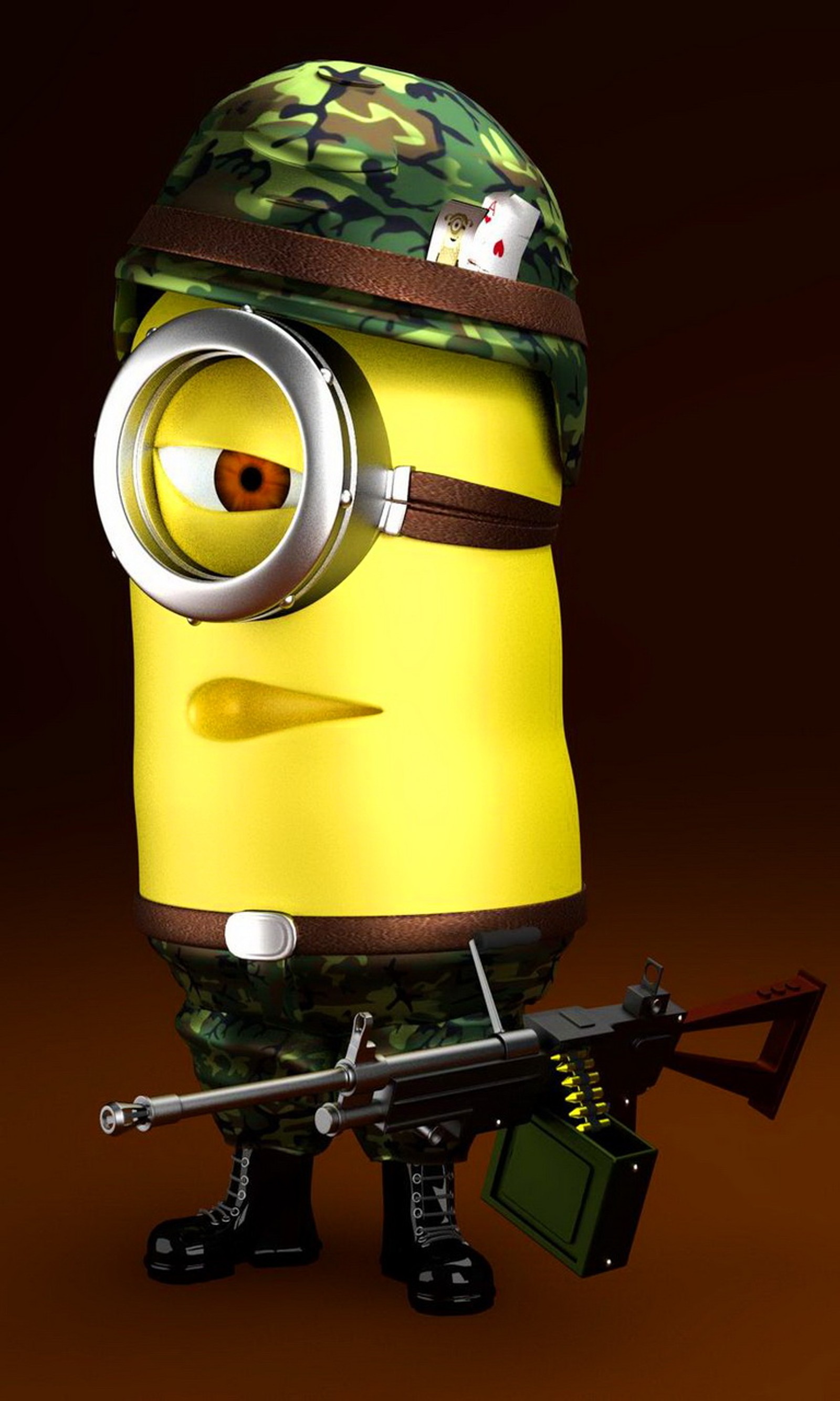 Un gros plan d'un soldat en plastique avec une arme et un casque (cartoon, cool cute funny, moi moche et méchant, despicable me, soldier minion)