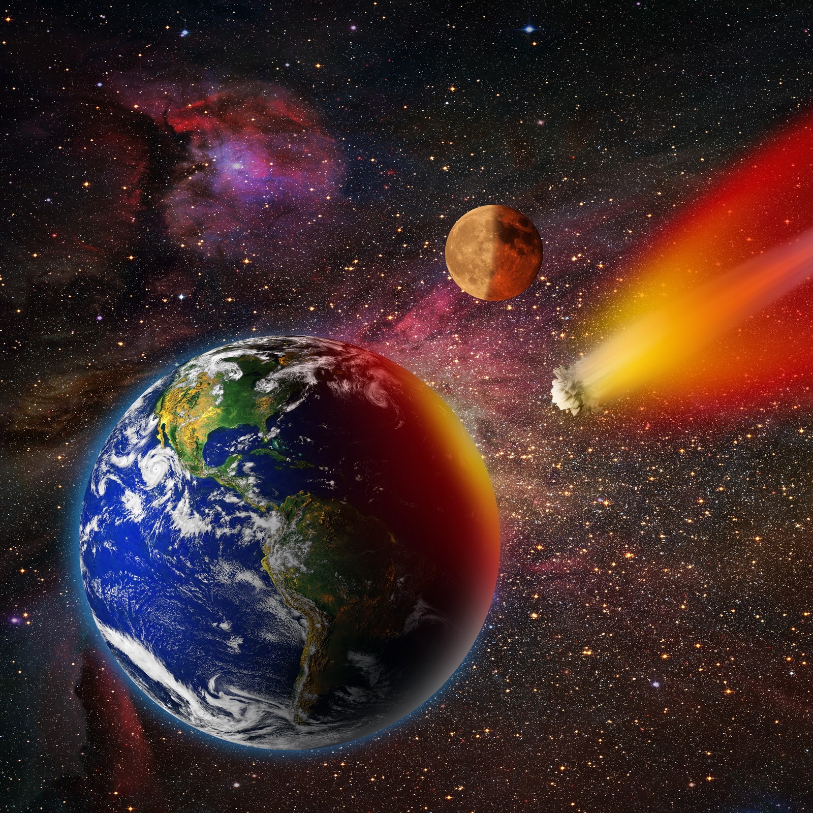 Arafed view of a planet with a comet and a small object in the background (abstract, asteroid, attack, earth, explosion)